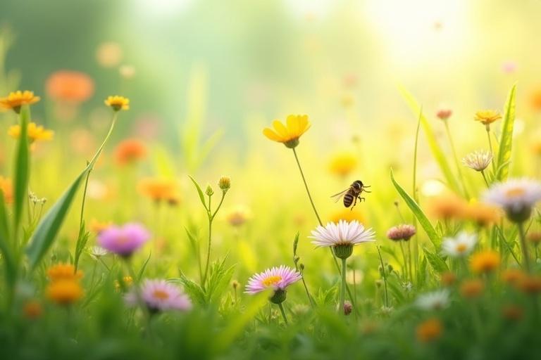 Vibrant grass field filled with diverse wildflowers. Bees hover around sipping nectar from flowers. Soft and diffused light creates a dreamy atmosphere. Foreground focuses sharply on the grass. Background fades into colorful blur.