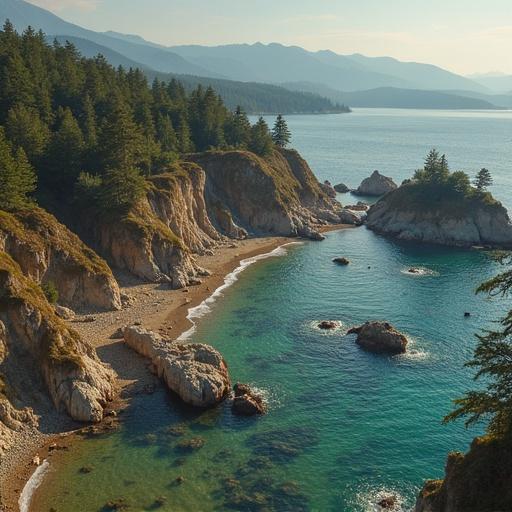 Aerial view of a beautiful coastline with winding river and green hills in soft natural light