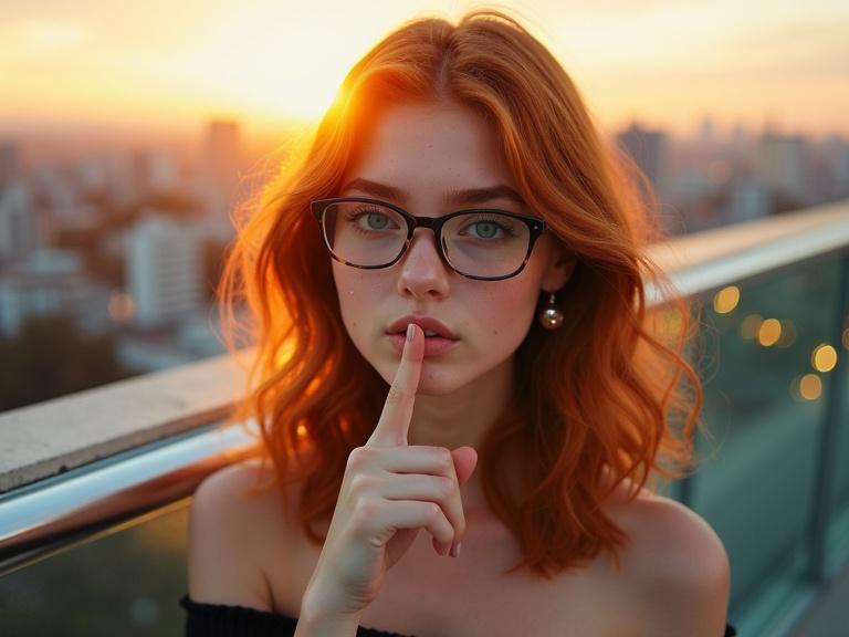 Teenager with ginger hair, aqua eyes, freckles in stylish off-shoulder clothing. She holds finger to lips on a rooftop. City skyline at sunset in the background shows reflection on glass. Soft blur around her enhances focus on her features.