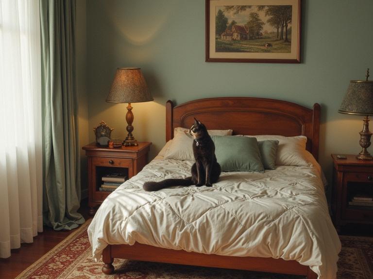 A cat sitting on a bed in a cozy bedroom with soft lighting and warm colors.