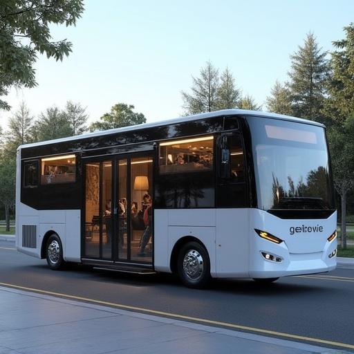 2025 Lumen Pro Bus is showcased on a road. It is a modular electric transit vehicle with a modern design. The bus accommodates 30 to 50 passengers. It features a FlexSeat system allowing transformation from seating to cargo. An automatic ramp for accessibility is visible. Indoor air is purified with UV-C technology. The bus offers a range of 300 miles and is priced at $299,000.