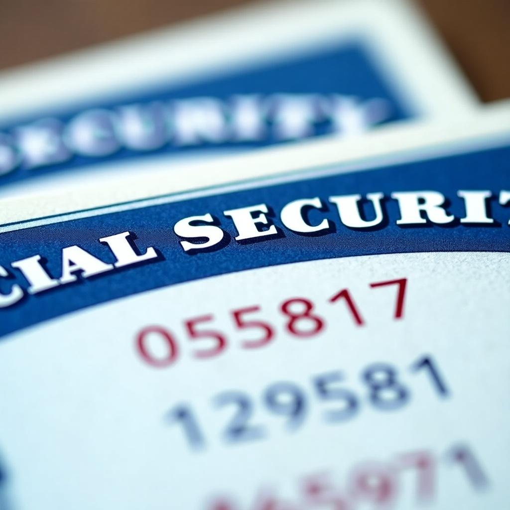 Close-up view of a Social Security card showing the text 'SOCIAL SECURITY'. Card features numbers representing Social Security numbers. The card has a blue and white color scheme.