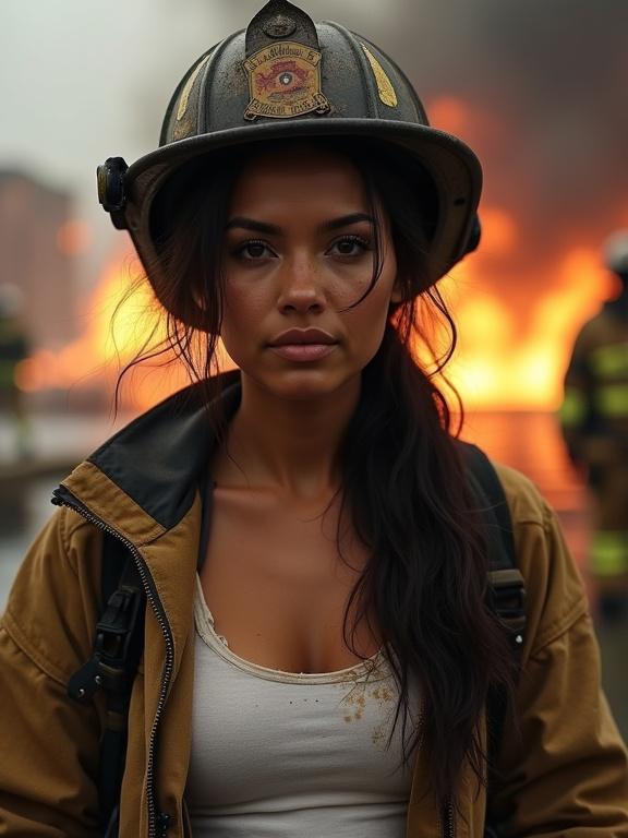 Striking portrait of a female firefighter showcasing bravery and strength. Long dark hair in a bun with loose strands on face. Warm brown skin. Dark expressive eyes reflecting duty and compassion. Soot-streaked helmet and protective jacket unzipped revealing sweat-stained tank-top. Blurred smoky fire rescue in background. Dramatic lighting with warm glow illuminating her face. Strong jawline shadows. Cinematic style using 50mm lens for depth and focus on intense expression. Mood is heroic and inspiring.