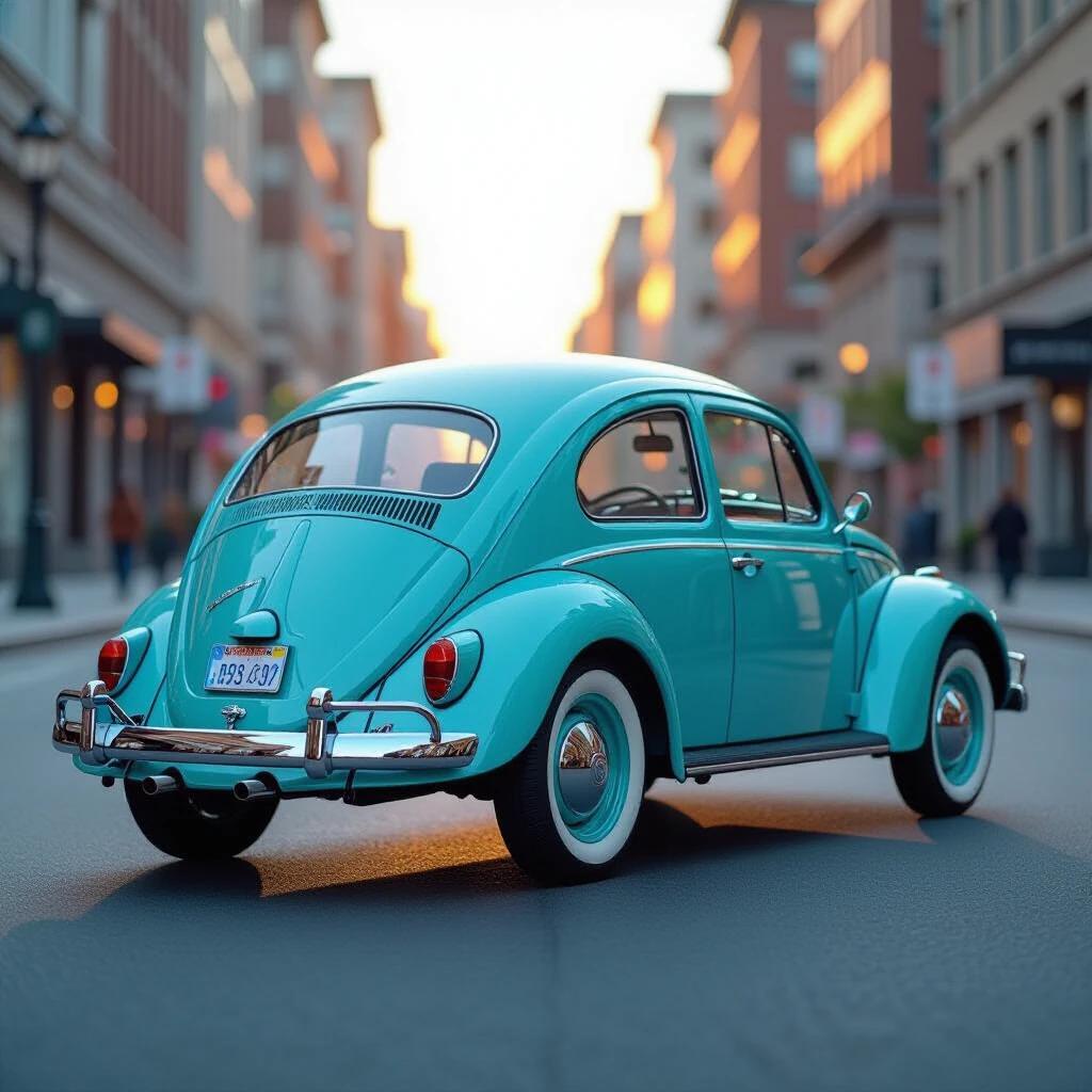 Ultra realistic photograph of a 1951 Volkswagen Beetle in vibrant Turquoise. Captured from a low-angle rear perspective at 45 degrees. Showcasing the rear and side profile with split rear window and jet-black tires. Urban setting during golden hour with creamy bokeh. Medium format clarity and vintage car magazine style.