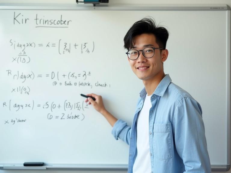 A young male math tutor stands in front of a whiteboard. He points at math equations. Confident and friendly expression. Wears glasses and a light blue shirt. Brightly lit, minimal background, medium shot from waist up.