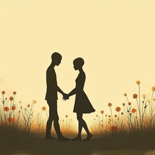 Minimalist illustration shows two bald humans in silhouette holding hands. They appear thin and tall, dancing in a garden surrounded by flowers. The image has a vintage feel with painterly digital art style, warm muted colors, and soft textures.