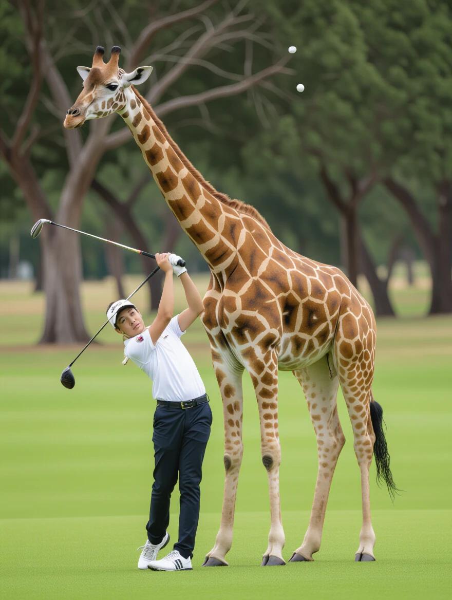 A giraffe is playing golf. A golfer swings the club beside the tall giraffe. Soft green grass fills the background. Trees are visible in the distance.
