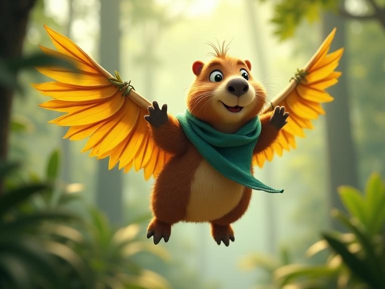 Adorable capybara with teal scarf and curious eyes trying to fly with giant handmade wings of banana leaves tied with vines. Other jungle animals watch and giggle in the distance. Round body balancing awkwardly. Emotional and playful. Disney Pixar style. Aspect ratio 16:9.