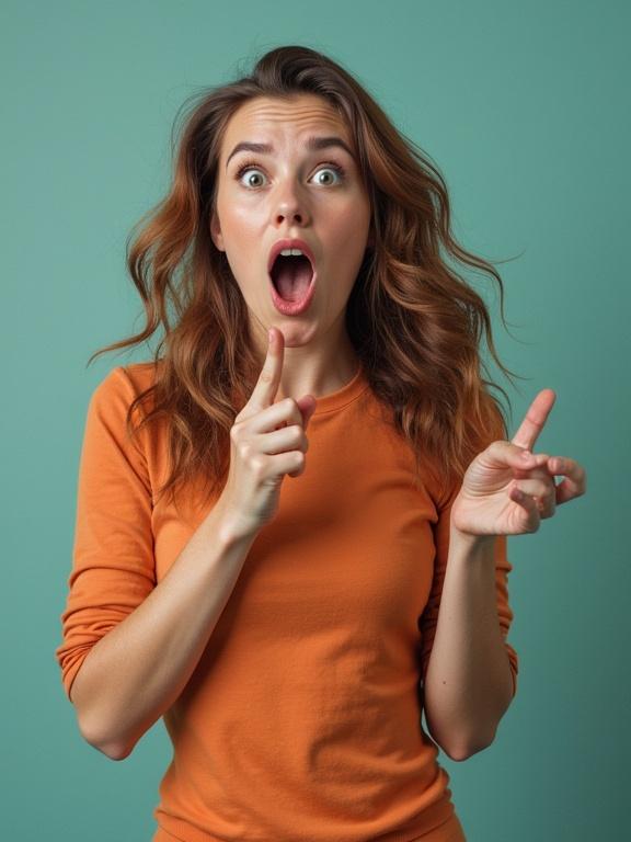 A surprised woman with playful gestures. She has long hair and is wearing an orange shirt. The background is mint green. Her mouth is open in surprise. She is pointing with a finger raised. Her expression conveys excitement or shock.