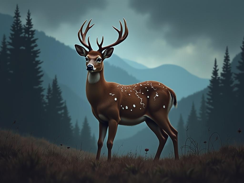 A doe deer with soft brown fur and white scars resembling lightning. The background shows a dramatic forest with hills and a dark stormy sky.