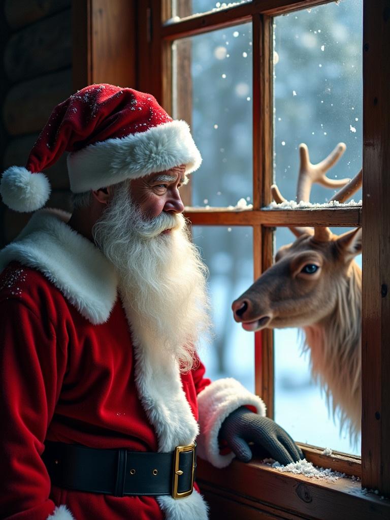 Scene captures Santa Claus with a reindeer outside a snowy cabin window. Santa dressed in classic red and white attire stands beside the window. Reindeer peeking in showing curiosity. The window is adorned with snowflakes creating a cozy winter atmosphere.