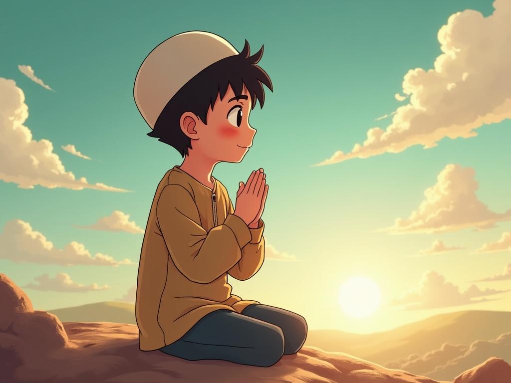 Muslim anime style boy sitting with hands together in prayer. The boy has short black hair and wears a khaki tunic and a white cap. He sits on a rock with a beautiful sunset behind him and fluffy clouds in the sky.