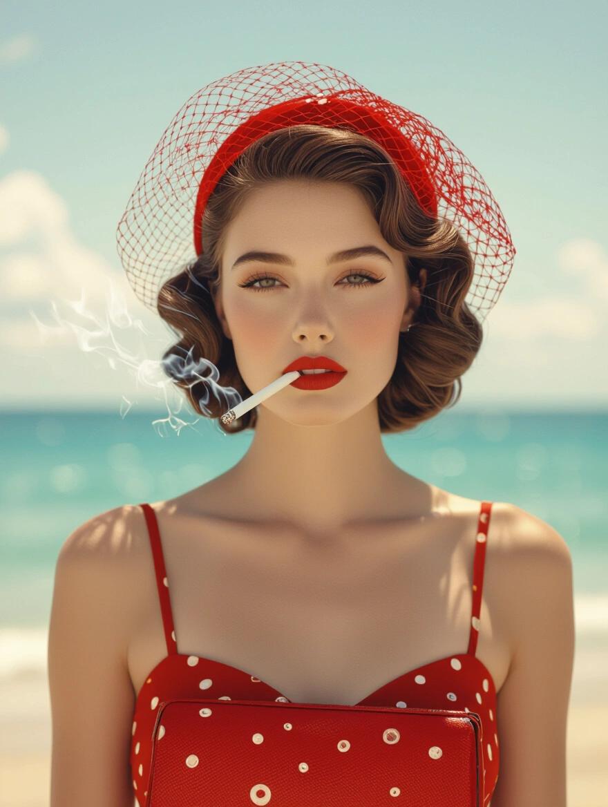 Photo showcases a woman exuding vintage summer vibes. Set against a serene sea background. The woman wears a red polka dot swimsuit complemented by a stylish red bag. She sports a red veil. An unlit cigarette rests in her hand. The overall style mimics an old sepia photograph, evoking a 1940s fashion theme.