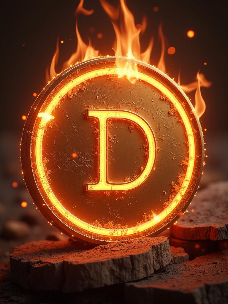 A fiery and thrilling representation of a meme coin called DEGEN DINASTY. A glowing coin with the letter D in the center is placed on textured rocks, surrounded by animated flames. The environment is dark and dramatic to enhance the effect of fire and light.