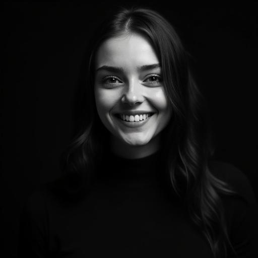 A girl is posed elegantly. Minimalist style focuses on her details. Background is empty. Black and white gradients are used. Side lighting enhances textures. The aura is surreal and mystical.