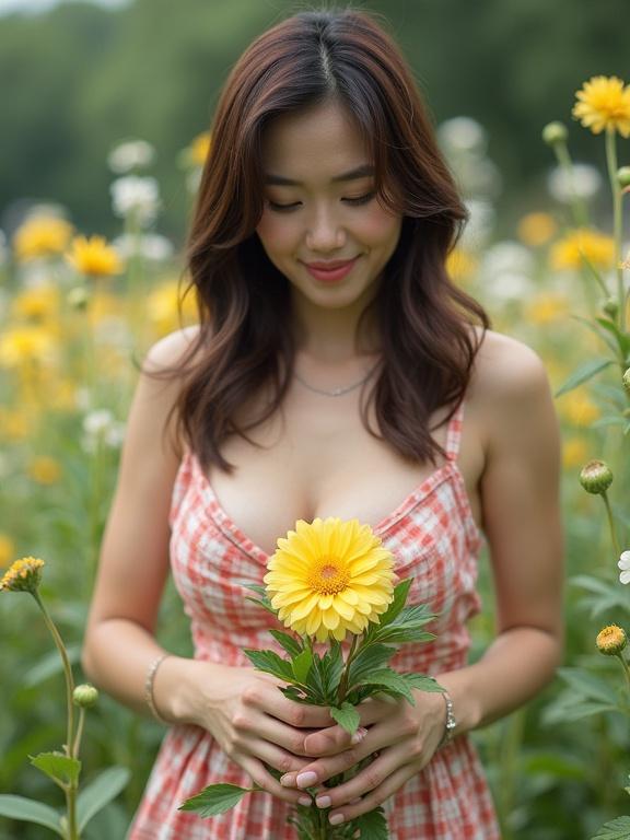 Woman holding a yellow flower in a garden. Bright colors dominate the scene. Natural setting with flowers in background. Soft lighting enhances the cheerful atmosphere.