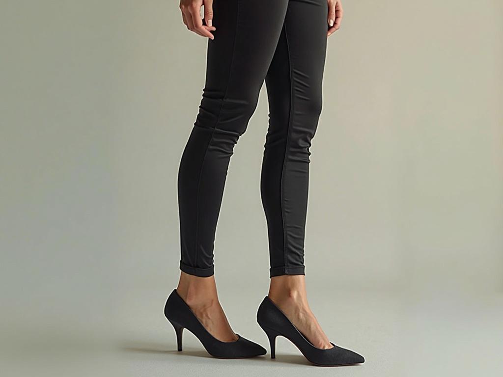 Image shows a person wearing legging pants and heels. Focus on footwear and legwear. Stylish and modern appearance.