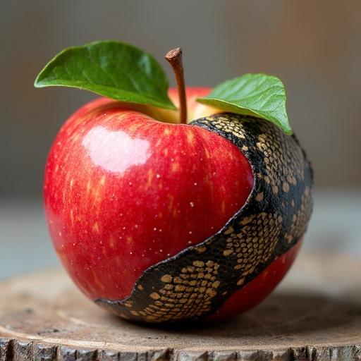 An apple with an intriguing snake skin pattern wrapped around it. Bright red apple sits on a wooden surface. Fresh green leaves are attached to the apple's stem. The snake skin texture contrasts with the apple's shiny surface.