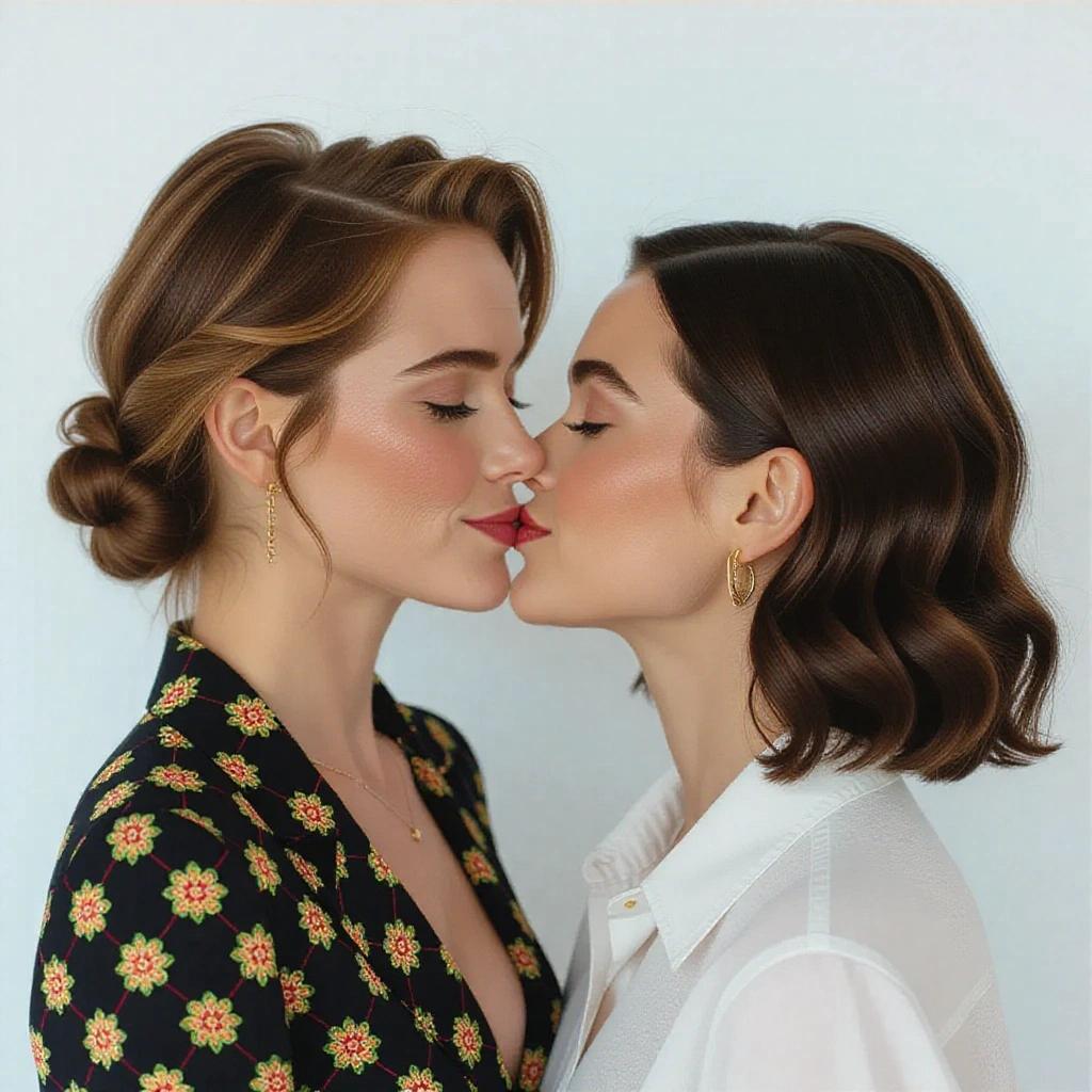 Two women share a kiss. Both have stylish hairstyles and warm makeup. One wears a floral blouse and the other a white shirt. The background is light and neutral.
