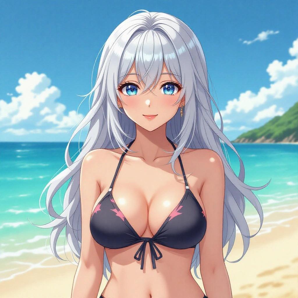 Anime woman in bikini stands on beach. Character has silver hair and blue eyes. Background features ocean and sky.