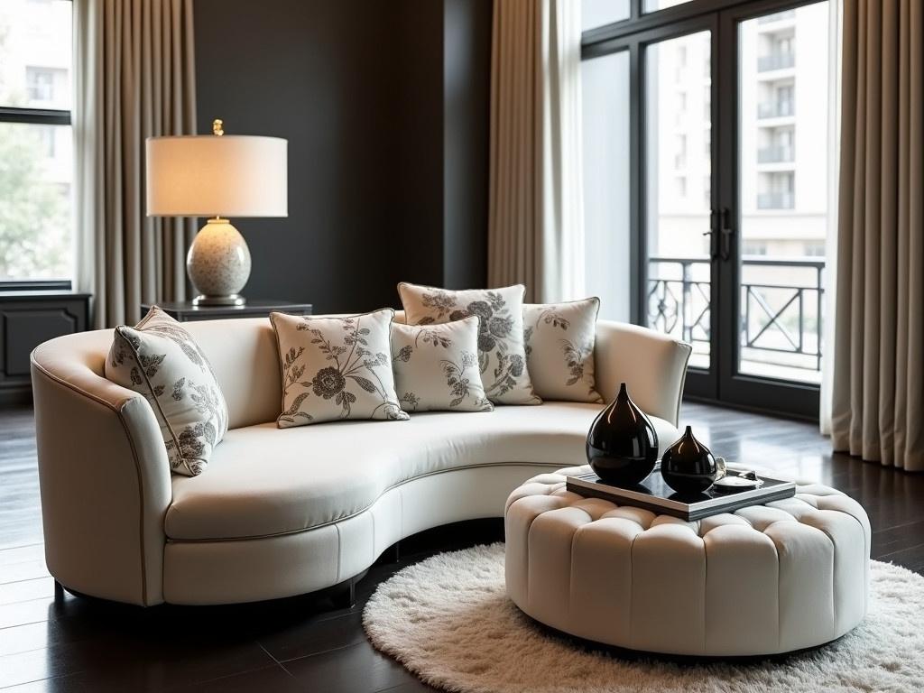 The image shows a luxurious and modern living room with elegant decor. There is a stylish curved sofa covered in soft fabric, adorned with decorative cushions that feature floral designs. A plush ottoman sits nearby, also in a light color, adding to the room's sophistication. The flooring is polished and dark, reflecting light from the large windows that let in natural illumination. In the foreground, a contemporary table holds a few decorative items, including shiny black and white spheres that add a touch of modern art. The overall color palette is muted, focusing on creams and blacks, creating a calm and serene atmosphere.