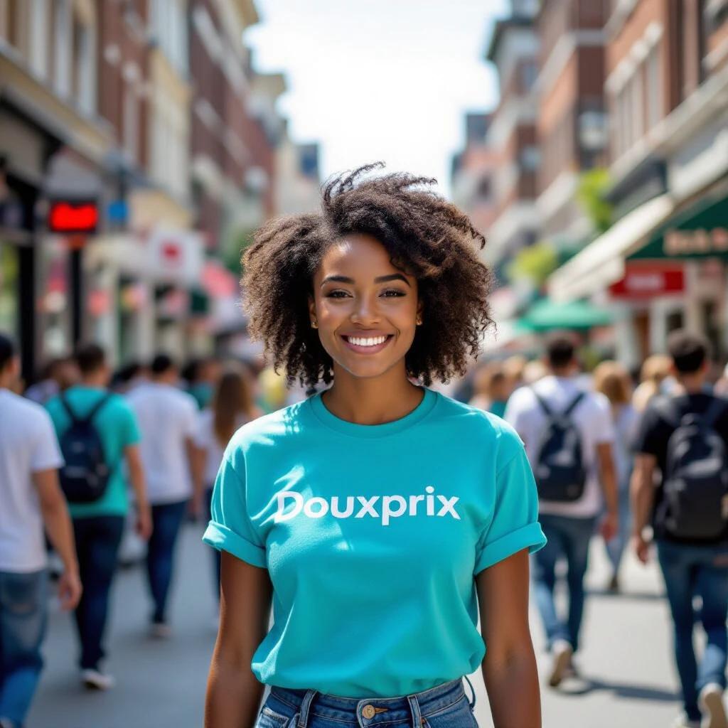 A smiling black woman wearing a cyan t-shirt with white text walking in a lively street. Many people are around her. Buildings line both sides. The atmosphere feels vibrant. It's a bright day with a blue sky.