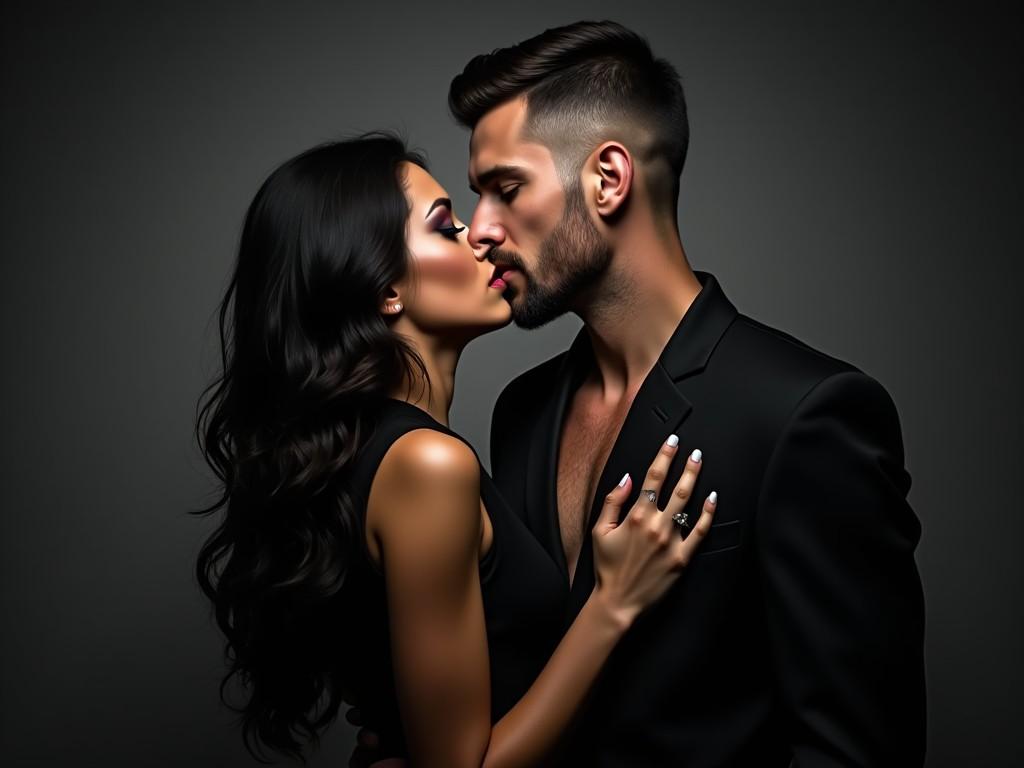 A striking image depicting a couple embracing in a close and intimate gesture. The woman has long dark hair and dramatic makeup. The man has a rugged appearance with short hair. They are posed in a moment of near-kiss, showcasing their elegant black attire. The image has a sophisticated and alluring atmosphere, enhanced by dramatic lighting that emphasizes their facial features and the emotion of the moment.