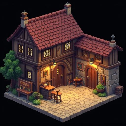2D pixel art representation of a medieval tavern from the 1600s. Design showcases traditional European architecture with a welcoming exterior, wooden doors, lanterns, and a cobblestone pathway. Includes landscaping with trees and flower pots.