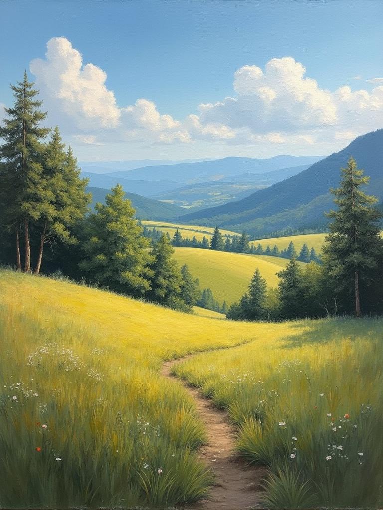 A serene landscape scene showcasing rolling hills with lush green grass and wildflowers. A winding path cuts through the field leading toward distant mountains and a bright blue sky filled with fluffy clouds. The painting is created using a palette knife technique with vivid and natural colors.