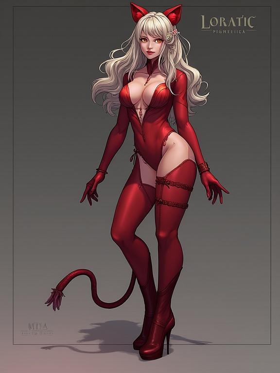 Female character wearing a tight red catsuit. Long blonde hair with cat ears. Strong pose and seductive look. High heels and tail enhance theme.