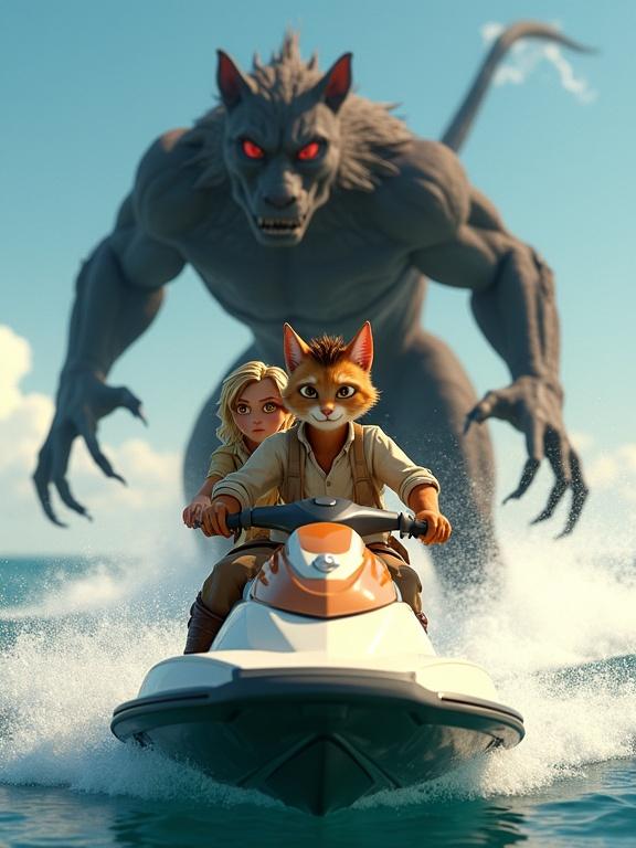 3D Pixar style scene of humanoid felines on jet ski on open ocean. One character grips handlebars with amber eyes focused ahead. Companion clutches seat looking back at looming Dark Beast. Scene shows excitement with sunlight on waves.