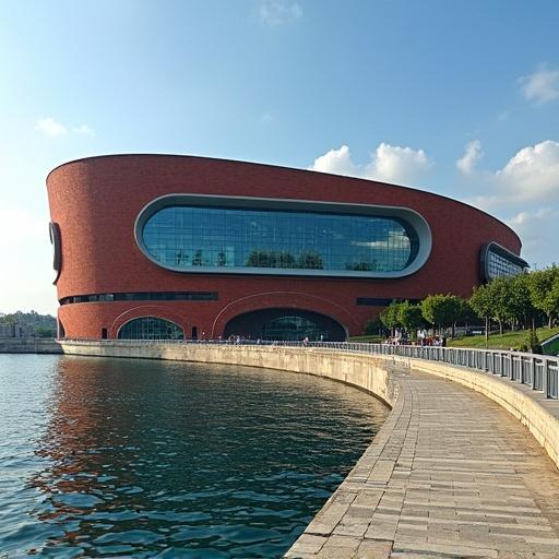Exterior view of a contemporary opera house located in a riverfront setting with natural light and surrounding greenery
