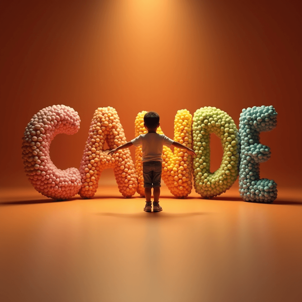 A child reaches out to touch large, colorful letters made of candy.