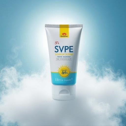 Advertise SVPE sunscreen product with SPF 50+. Display white tube with blue and yellow design. Highlight sun icon on packaging. Create smoky ethereal effect for mystique. Show product prominently in the center of a bright background. Emphasize premium quality and skin protection.