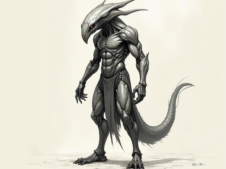 Technical drawing of a concept art character with metallic skin and a human nose. A humanoid figure embodies the swift quickling lord, muscular build, equipped with an intimidating stance and an elaborate tail, designed for battle.