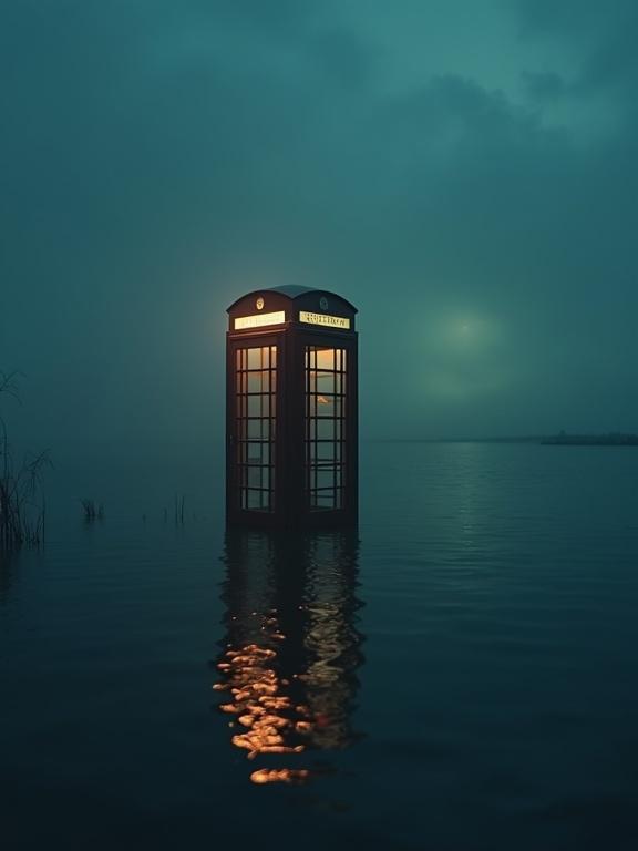 Surreal and eerie scene featuring a telephone booth partially submerged in water at night. Booth illuminated by a soft light creating shimmering reflections. Dark, foggy sky enhances a sense of mystery. Muted colors, blue and orange tones.