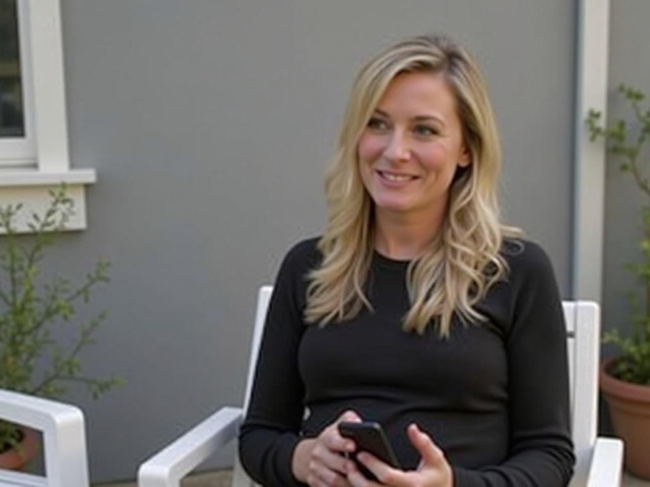 The image captures a person sitting comfortably on a chair in an outdoor setting. She has long, light-colored hair and is wearing a casual black top. The background features a simple gray wall, which gives a neutral feel to the scene. The environment suggests it's a warm day, possibly sunny, as indicated by the natural light in the image. The individual appears relaxed, possibly engaged in a conversation or using a mobile device in her hands.