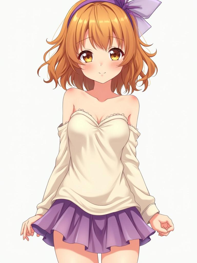 A cute girl has golden-copper hair and honey eyes. She wears a strapless ivory shirt with sleeves and a short purple skirt. A transparent purple hair bow is in her hair. She has a curvaceous pear-shaped body. The image captures her charm and unique features.