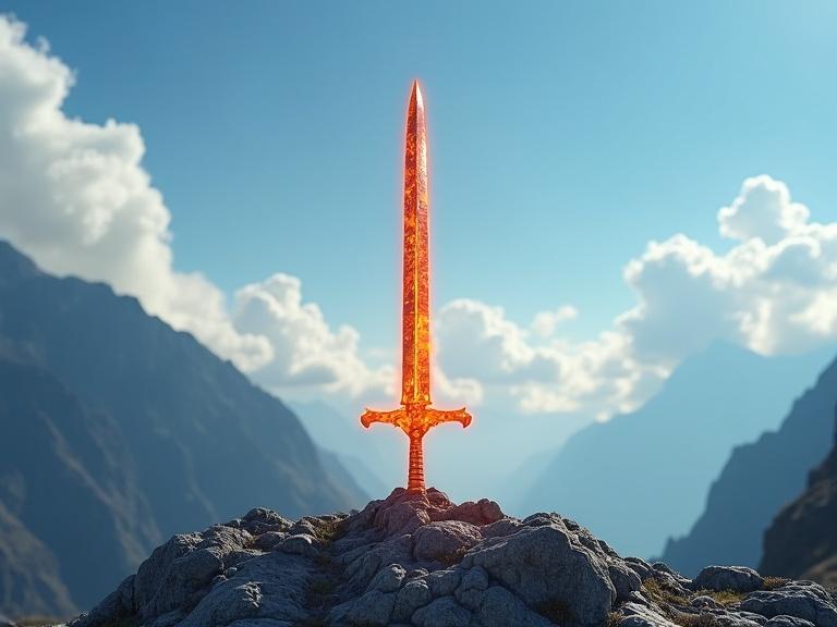 A flat sword appears vibrant and fiery. The sword made of glass looks like flames. It is embedded in the rocky ground. The background features a blue sky and fluffy feather clouds. Mountain peaks are visible in the distance.
