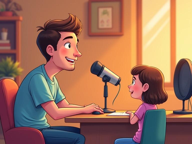 A vibrant cartoon illustration showing a father hosting a podcast in a cozy studio. He is seated at a table with a retro microphone. Headphones nearby. He has a warm smile and is turned slightly towards the audience. The background has shelves and soundproof panels with warm lighting. Clean lines and vibrant colors are used.