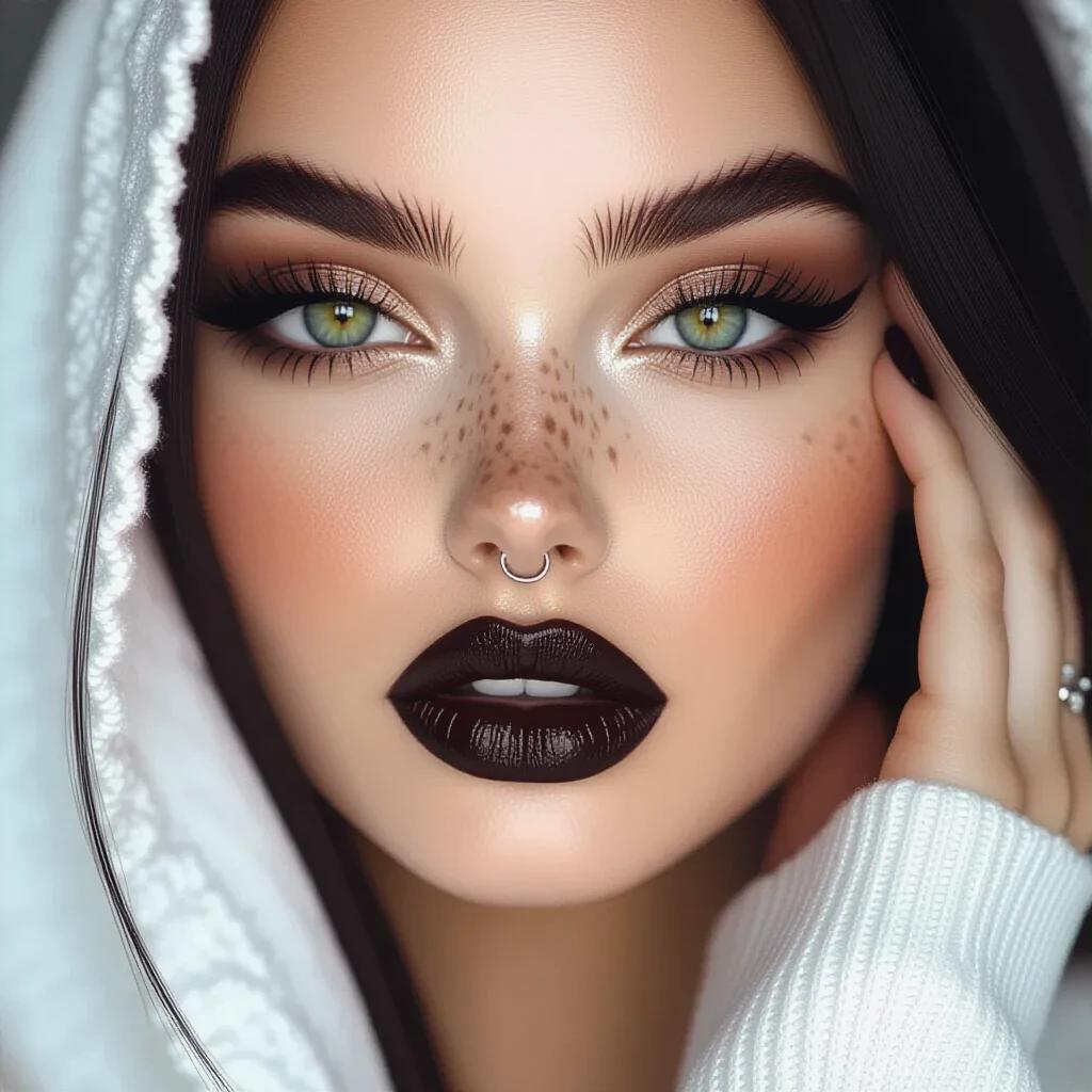 Realistic full-face portrait of a young gothic woman with a soft rounded face and no prominent cheekbones. Very full plump lips have glossy black lipstick and a neutral expression. Eyes are black and dark framed by long voluminous lashes, bold black eyeliner, and smoky eyeshadow. Skin is pale and smooth. Nose and cheeks have brown henna freckles. She wears a silver septum ring. Long dark hair flows freely, forehead visible. Portrait is centered with soft even lighting and a neutral background. Highly detailed.