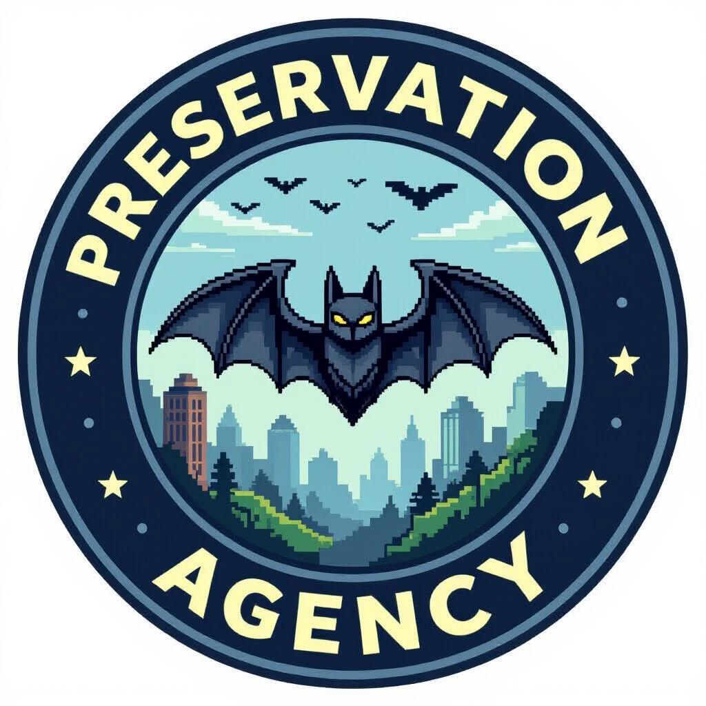 A round logo represents a preservation agency. Features an intelligence agency theme. Hosts wiki pages and historical narratives to preserve community content. Bat design inspired by Minecraft. Government style indicated in the logo.