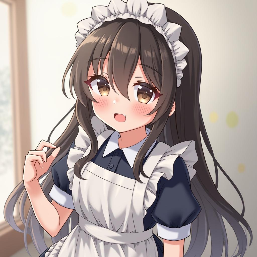 Maid character with long hair. Dressed in a dark outfit with an apron. Standing indoors near a window. Soft lighting enhances the atmosphere.