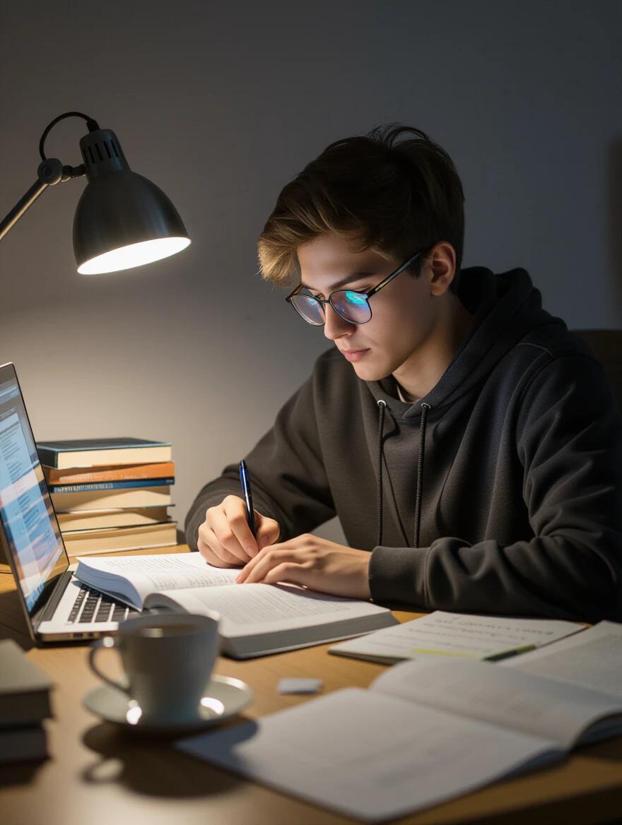 A student studying at night. Dim light from a desk lamp. Books open and notes scattered. A cup of tea nearby. The student demonstrates concentration highlighting text on a screen. Mood is focused and intimate. Close-up shot depicting an emotional frame.