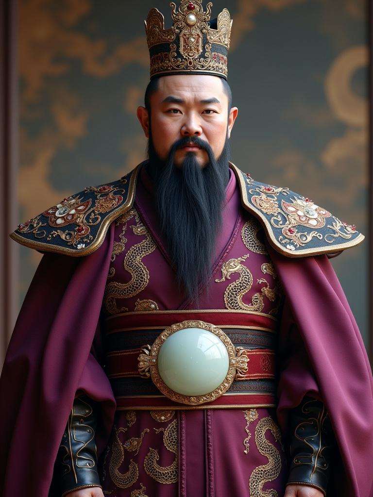 A regal figure exudes nobility in deep purple silk robes. Golden dragon patterns embellish the garment. A wide red sash is adorned with a white jade buckle. Soft leather boots feature golden trims. A majestic cape made of rare fur drapes elegantly. A crown hat inlaid with pearls sits atop the head.