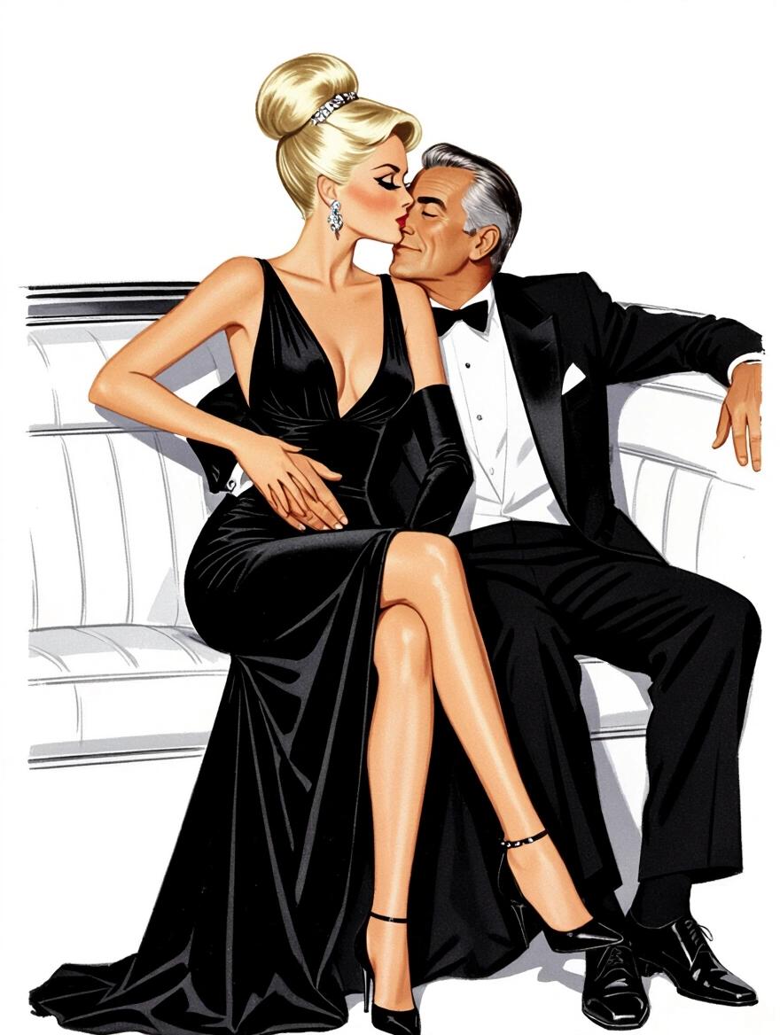 Illustration of a glamorous couple in a limousine. Woman has updo platinum blonde hair. She wears a long black evening gown with deep cleavage. She sits closer to an older man. The scene captures a romantic kiss.