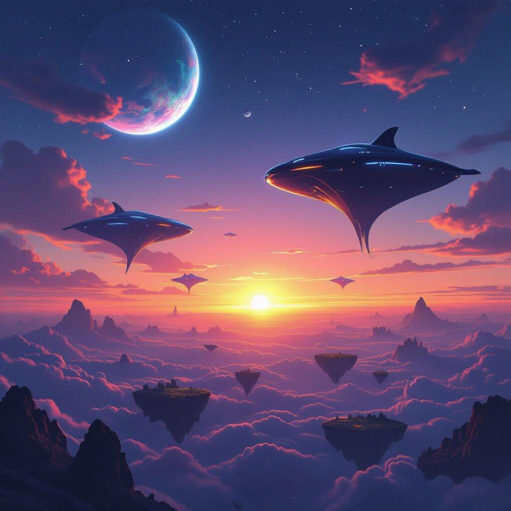 Double sunset with a neon sky and a vast expanse. Floating islands in the sky create an alien atmosphere. Manta ray-like mammoths soar through the beautiful sunset.