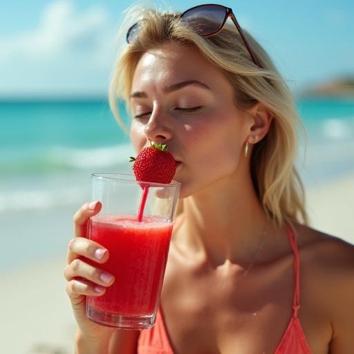 Strawberry fruit female drinking strawberry juice on the beach