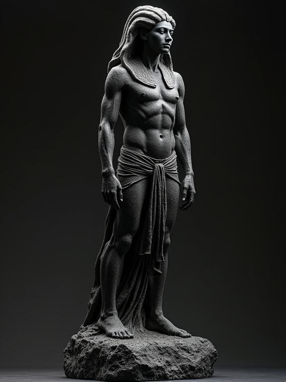 Sculpture of an Egyptian god poses nude on a black lava base. The artwork has a mysterious atmosphere and gritty texture in fantasy art style.