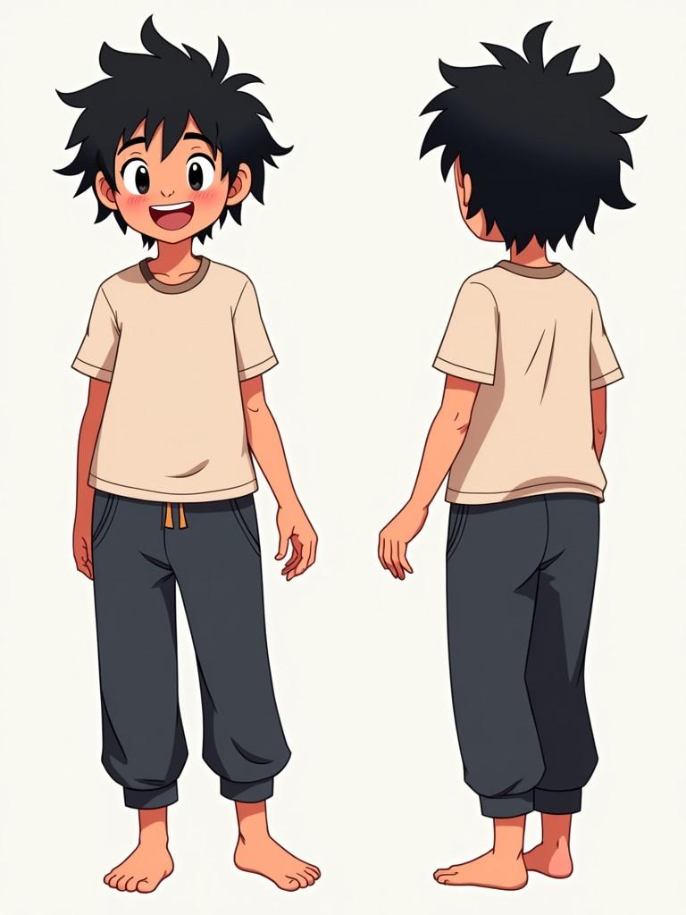 Cheerful cartoon character turn-around sheet. Character has short black hair. Wears dark comfy pyjama pants and a band shirt. The sheet shows front side and back views. Artwork presents a creative personality and chill at-home vibe.